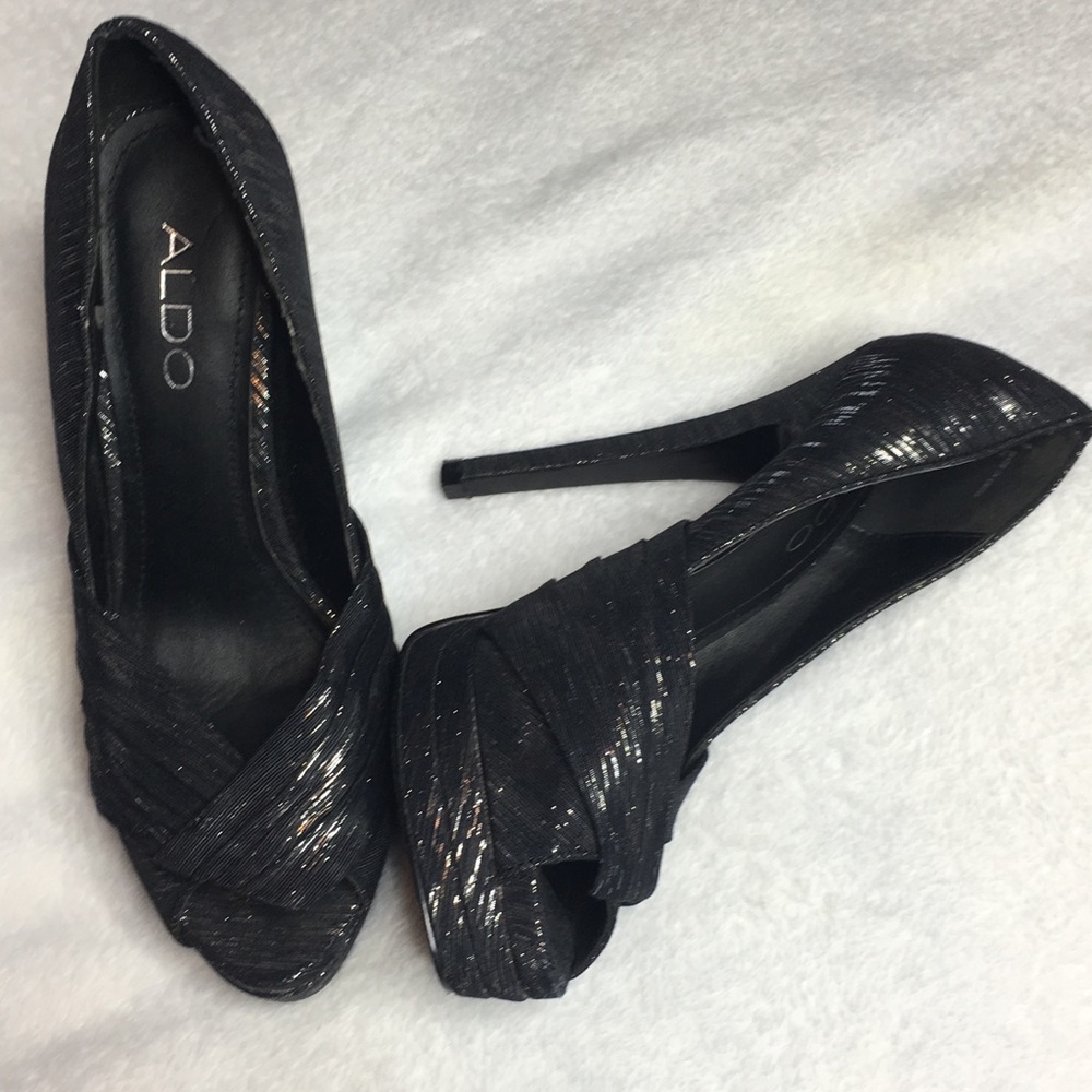 Aldo Black & Silver Peep-toe Platform Pumps
